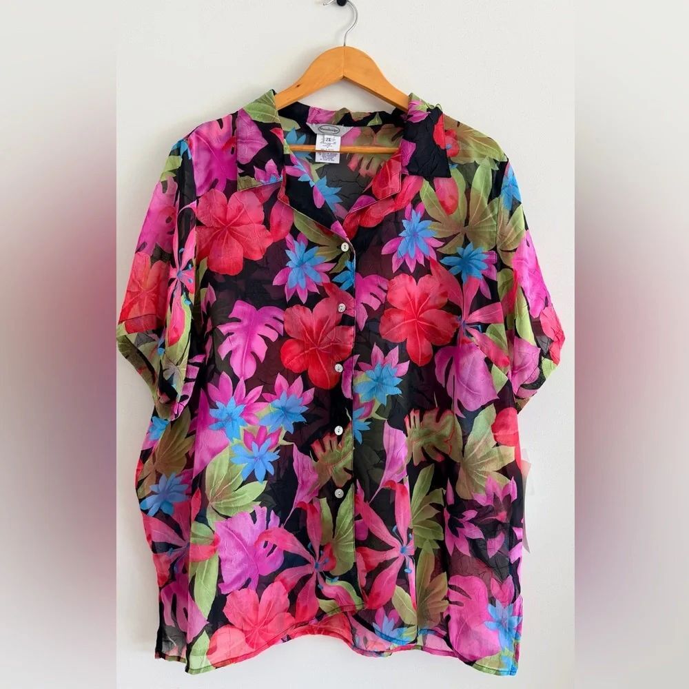 Stonebridge Button Front Blouse Floral Print Lightweight Vintage Style 2000s  2X
